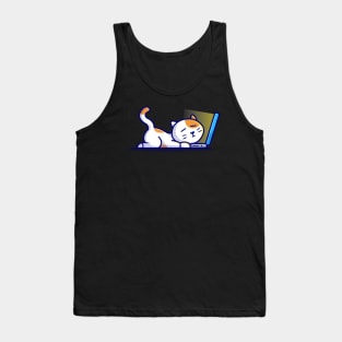 Cute Cat Sleeping On Laptop With Coffee Cup Cartoon Vector Icon Illustration Tank Top